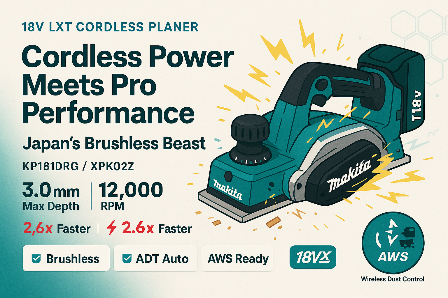 Honest Makita KP181DRG review from a Japanese DIYer. Discover why this 18V brushless cordless planer is 2.6x faster than AC models. Japan vs USA model comparison included.