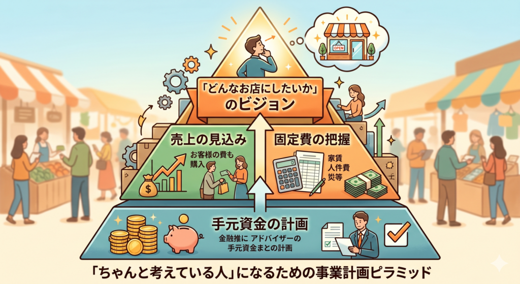 「どんなお店にしたいか」というビジョンを頂点に、それを支える具体的な事業計画の構成要素をピラミッド型にまとめた図解イラストです。

頂点（Vision）: 「どんなお店にしたいか」という、最も大切で魅力的なお店のコンセプト。

第2層（Plan）: そのビジョンを実現するための、具体的な計画。

売上の見込み (Sales Forecast): 顧客単価、客数、客層、営業時間などの具体的な予測。

固定費の把握 (Fixed Costs): 家賃、人件費、光熱費、食材費、広告費などの具体的なコスト。

土台（Foundation）: 事業を安定的に運営するための、確実な土台。

手元資金の計画 (Funding Plan): 自己資金、融資、補助金、クラウドファンディングなどの具体的な資金調達方法と、返済計画。